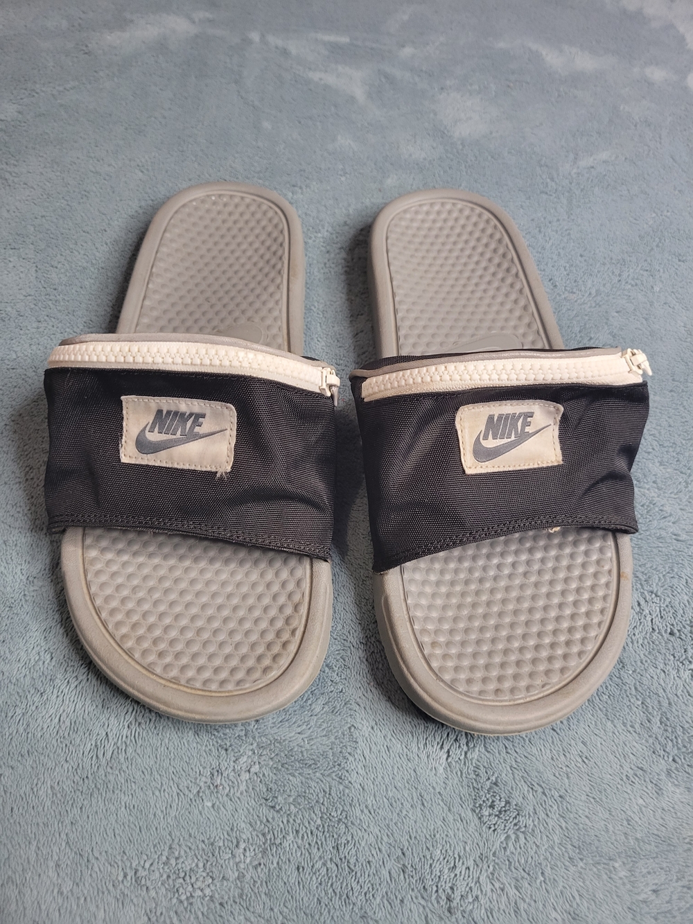 NIKE Gray Slide Sandals with Black Zippered Pocket Strap